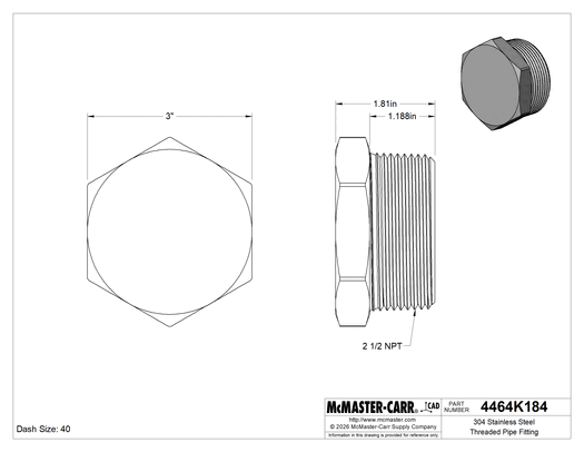 Technical drawing of 304 Stainless Steel Threaded Pipe Fitting, High-Pressure, Plug with External Hex Drive, 2-1/2 NPT.